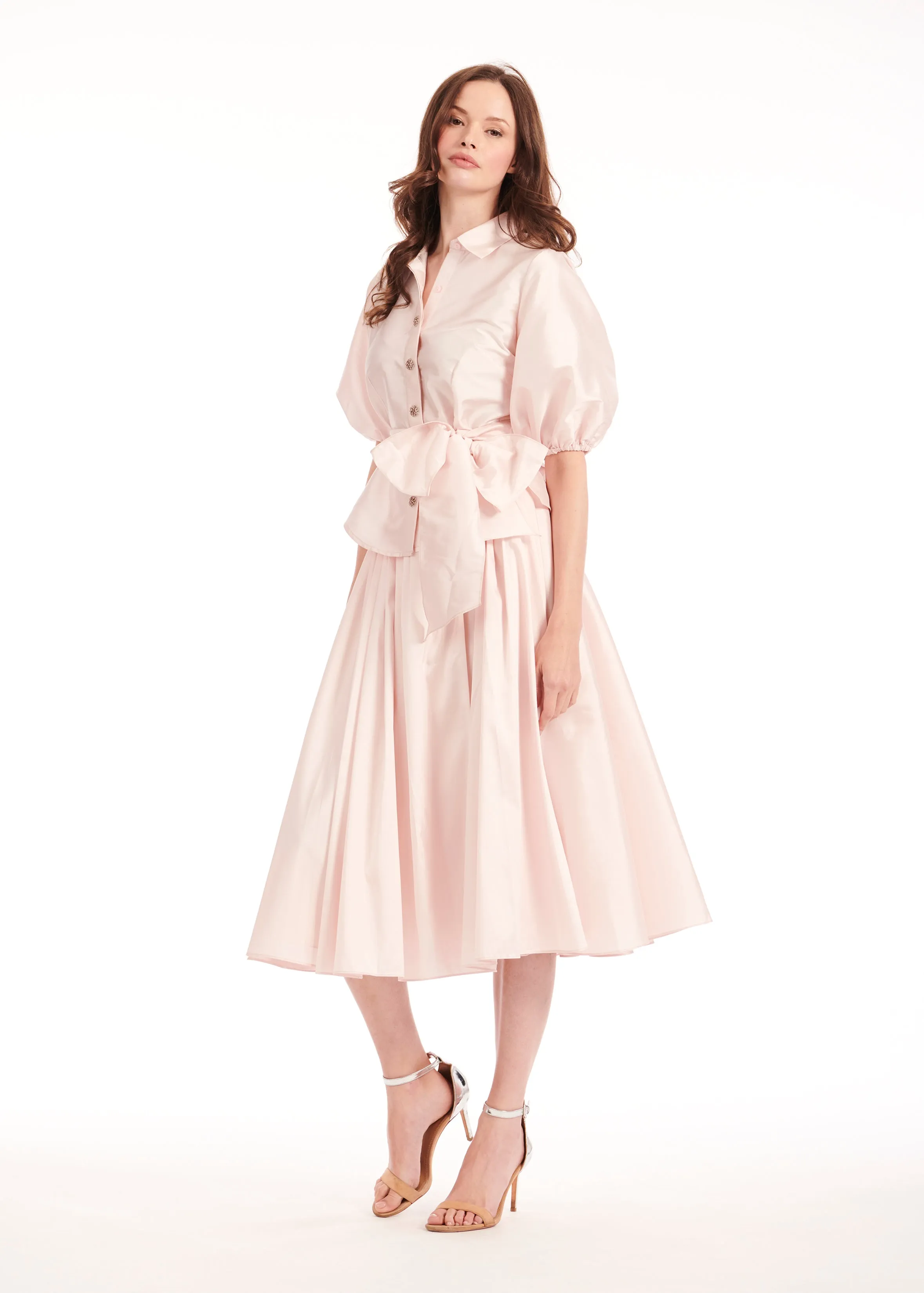 TAFFETA PUFF SLEEVE BLOUSE WITH CRYSTAL FLOWER BUTTONS BLUSH