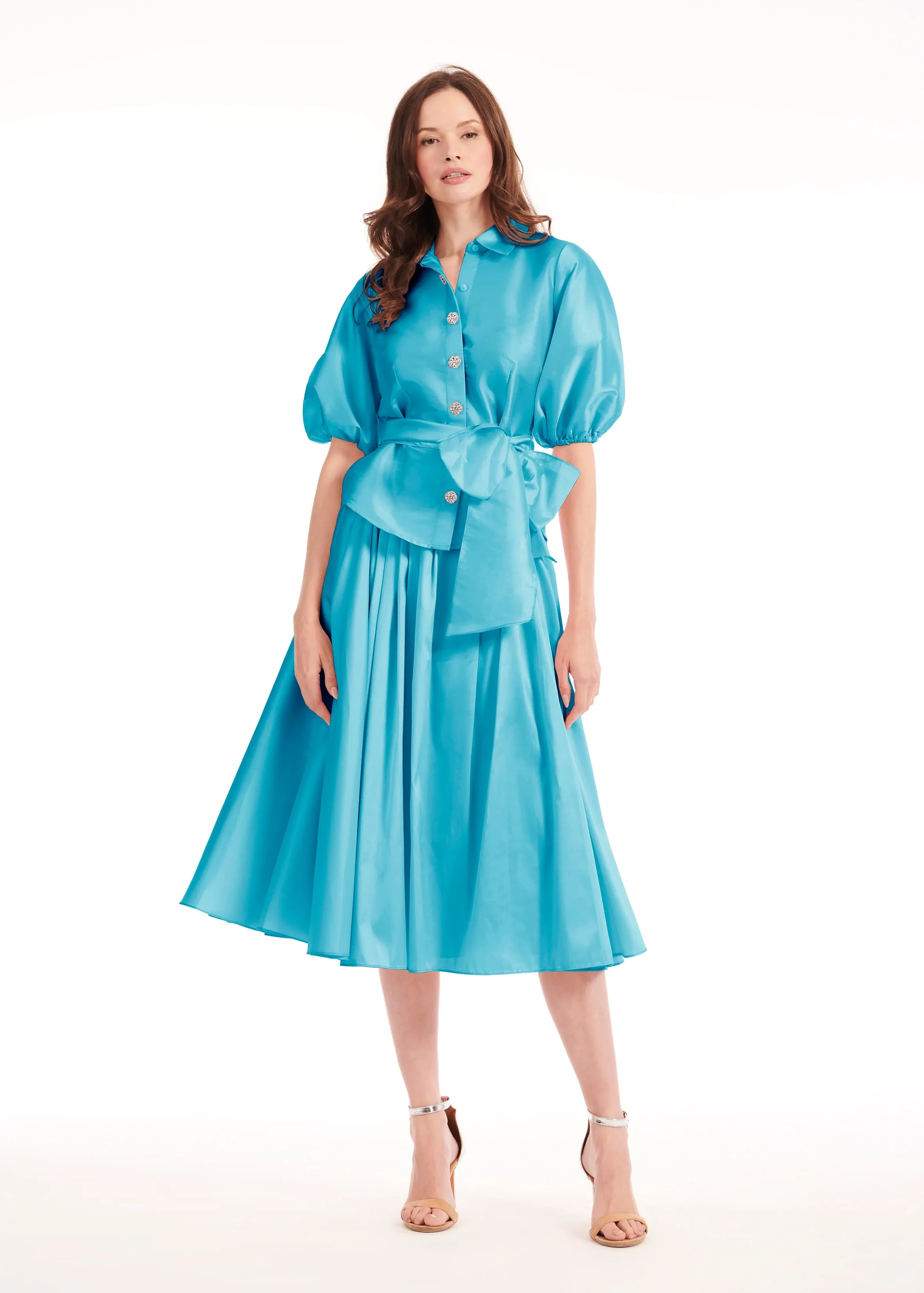 TAFFETA PUFF SLEEVE BLOUSE WITH CRYSTAL FLOWER BUTTONS POOL