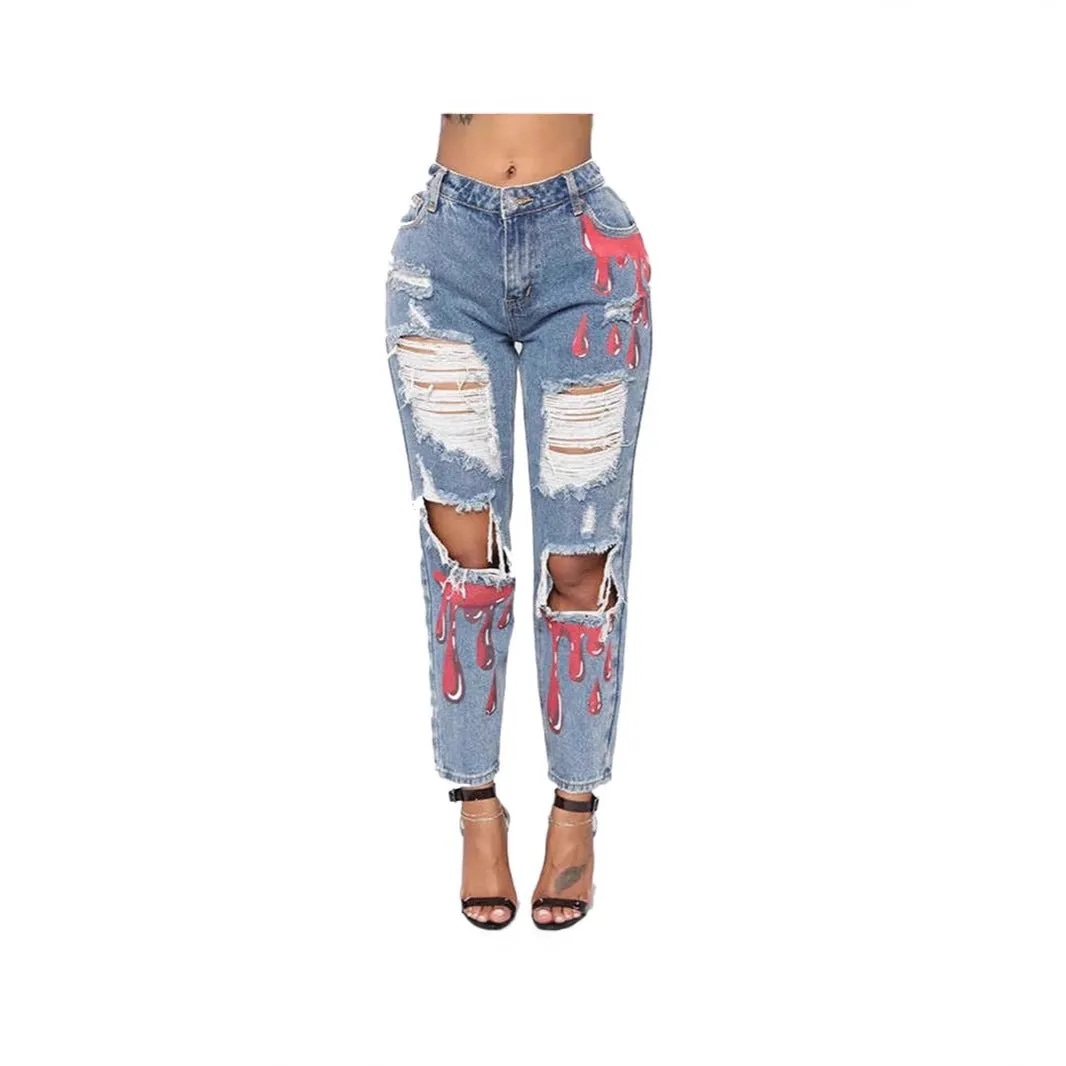 Trendy Casual Printed Ripped Denim Pants for Effortlessly Cool Style