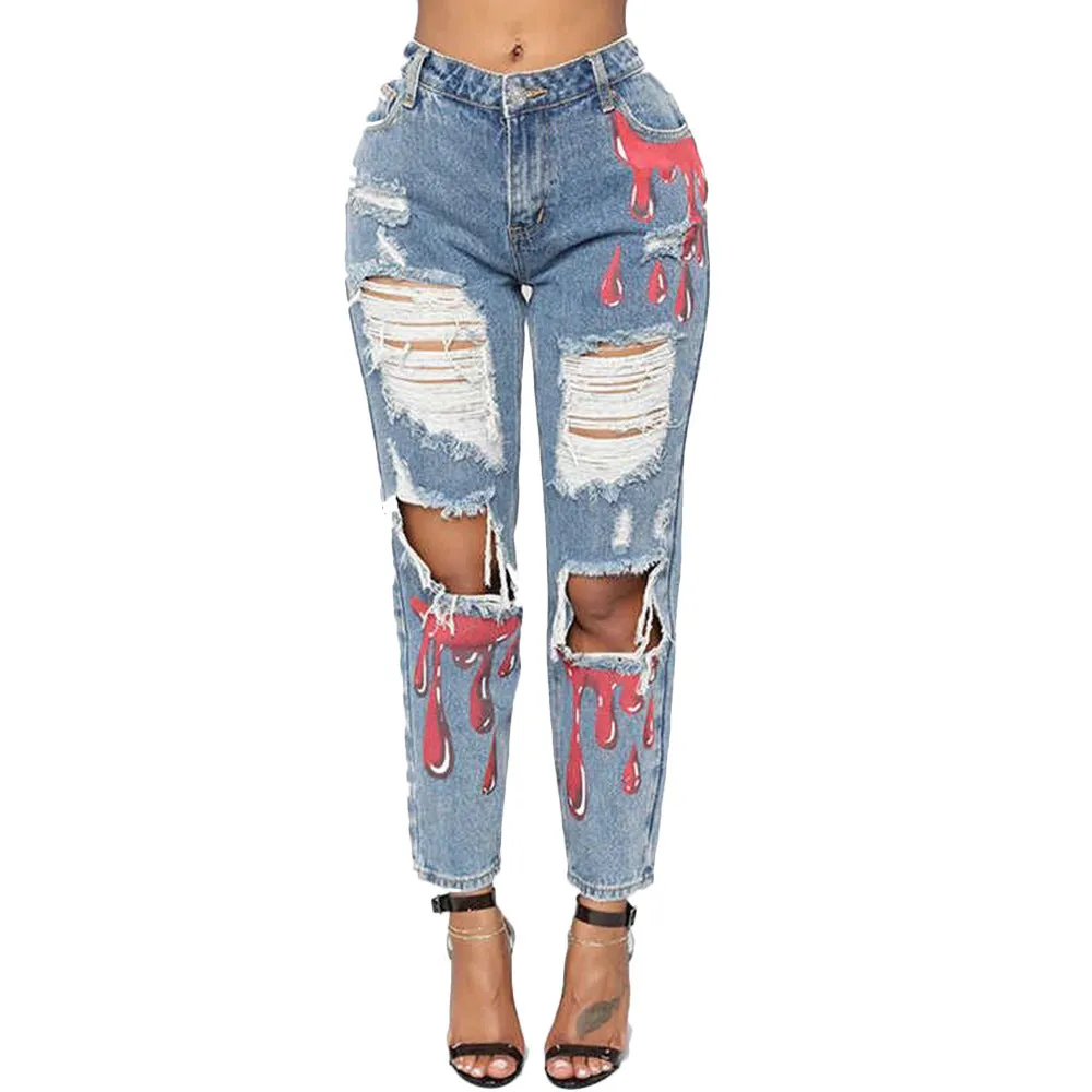 Trendy Casual Printed Ripped Denim Pants for Effortlessly Cool Style