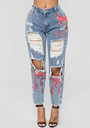 Trendy Casual Printed Ripped Denim Pants for Effortlessly Cool Style