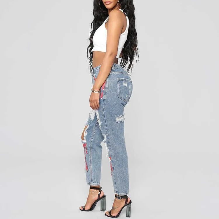 Trendy Casual Printed Ripped Denim Pants for Effortlessly Cool Style
