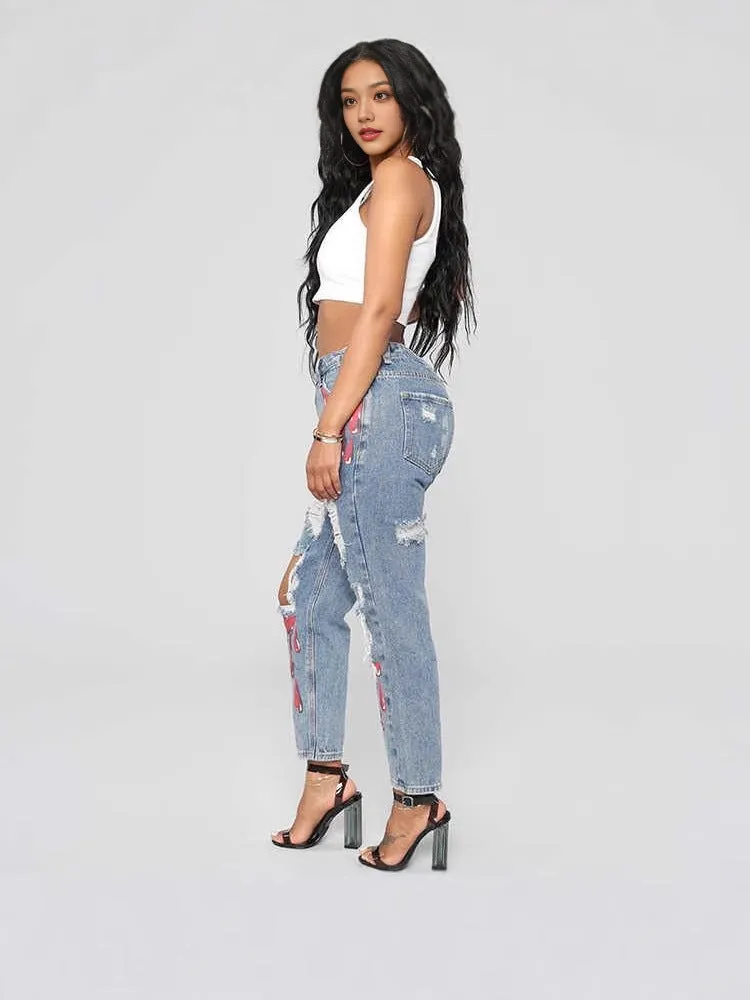 Trendy Casual Printed Ripped Denim Pants for Effortlessly Cool Style