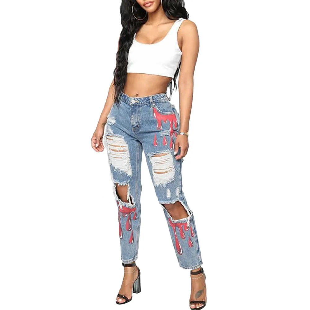 Trendy Casual Printed Ripped Denim Pants for Effortlessly Cool Style