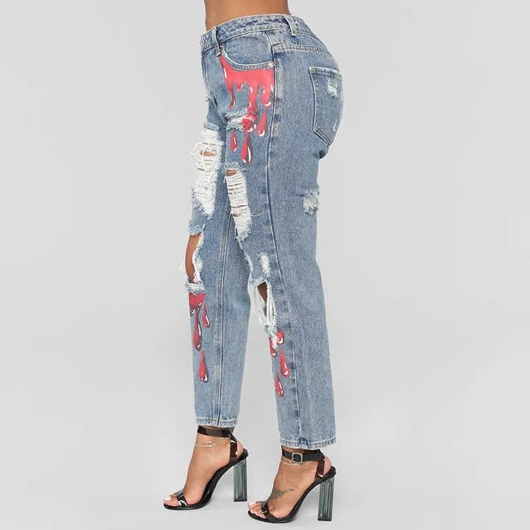 Trendy Casual Printed Ripped Denim Pants for Effortlessly Cool Style