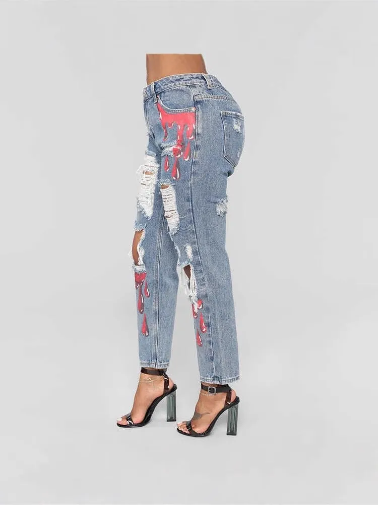 Trendy Casual Printed Ripped Denim Pants for Effortlessly Cool Style