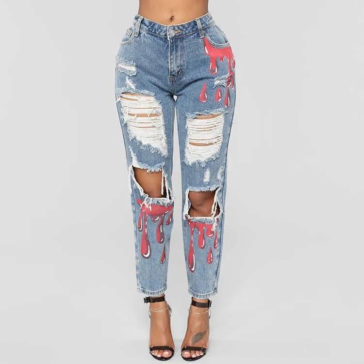 Trendy Casual Printed Ripped Denim Pants for Effortlessly Cool Style