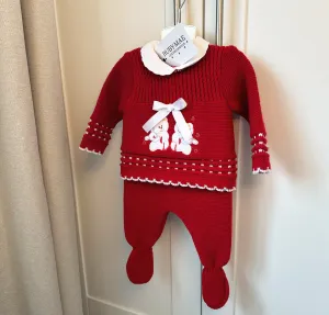 UNISEX Red Knitted Embroidery Teddy Jumper & Pants Outfit With Matching Hat
