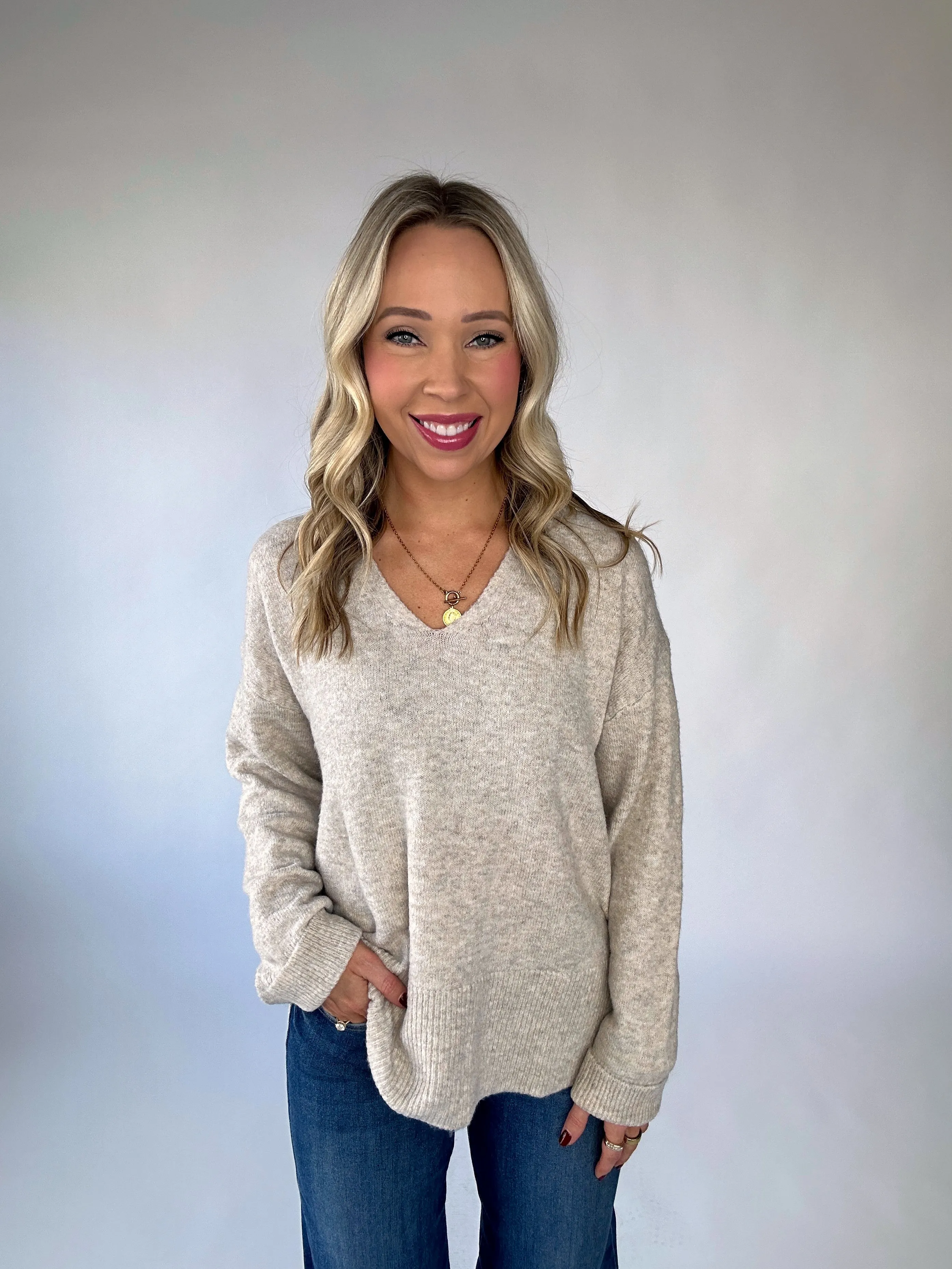 Uptown Elegance Soft V-Neck Sweater - Oatmeal