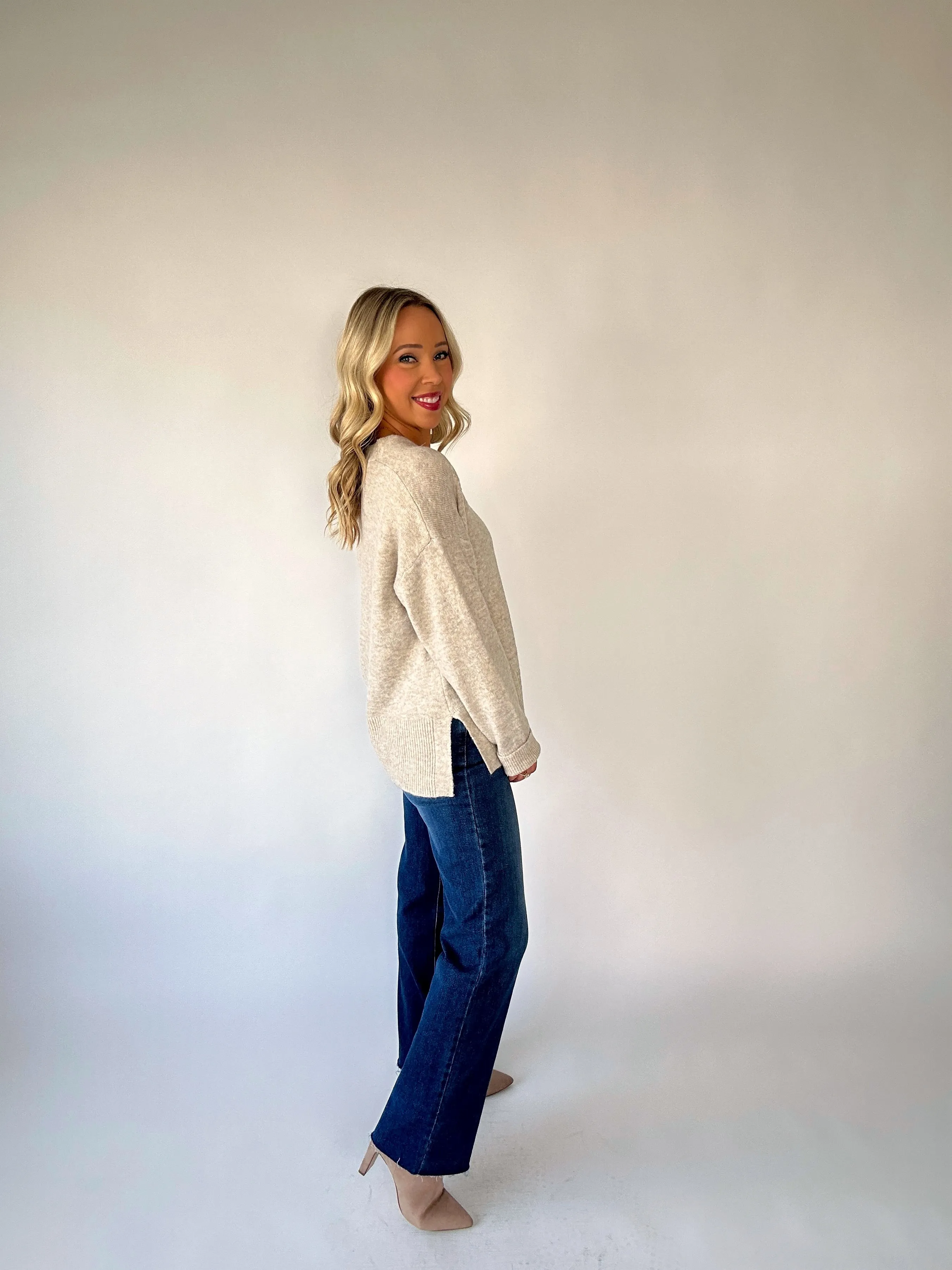 Uptown Elegance Soft V-Neck Sweater - Oatmeal