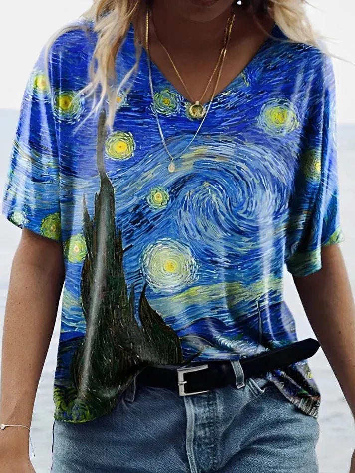 V-neck T-shirt with Van Gogh's starry night print