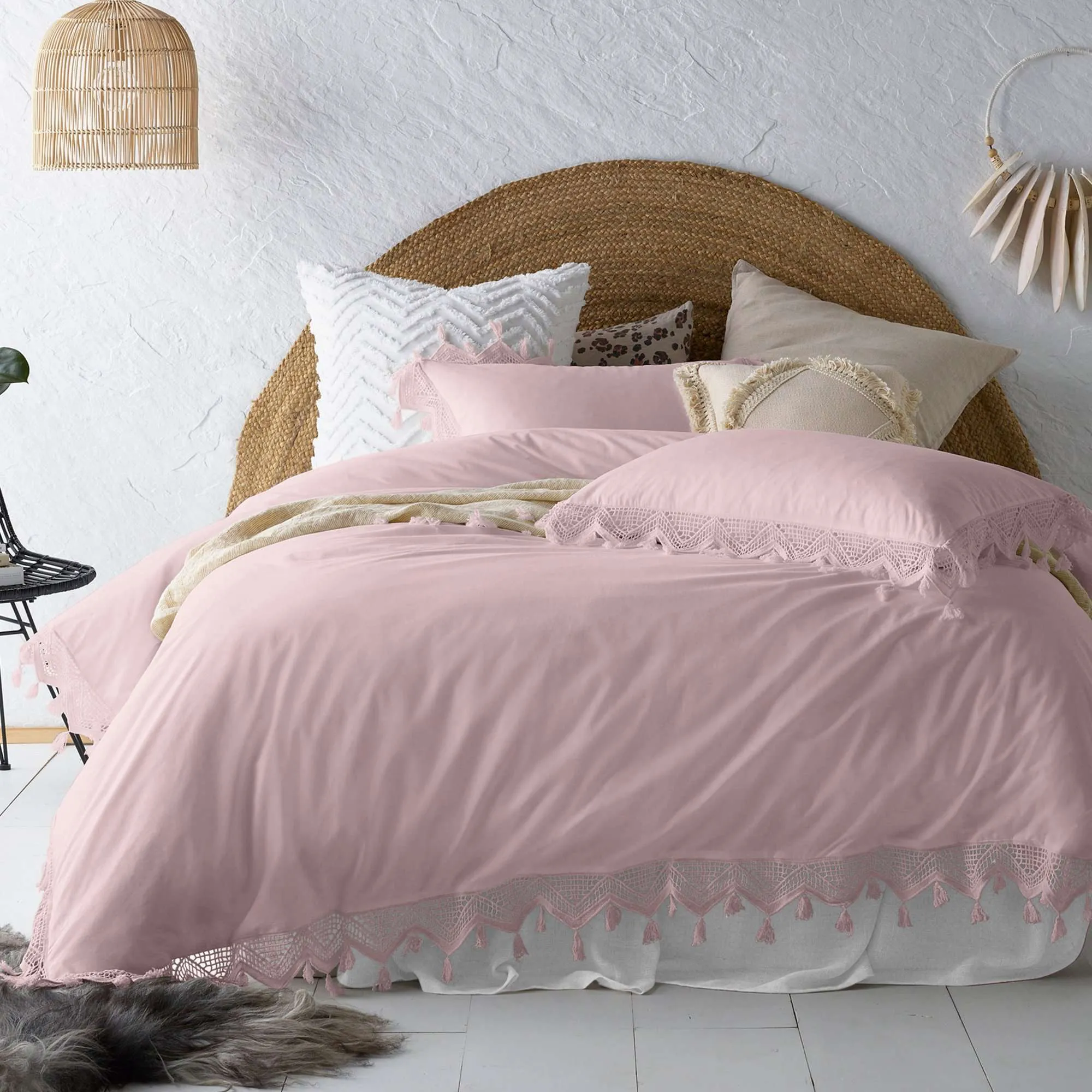 Vintage Design Gypsy Deep Blush 100% Cotton Tassel Quilt Cover Sets