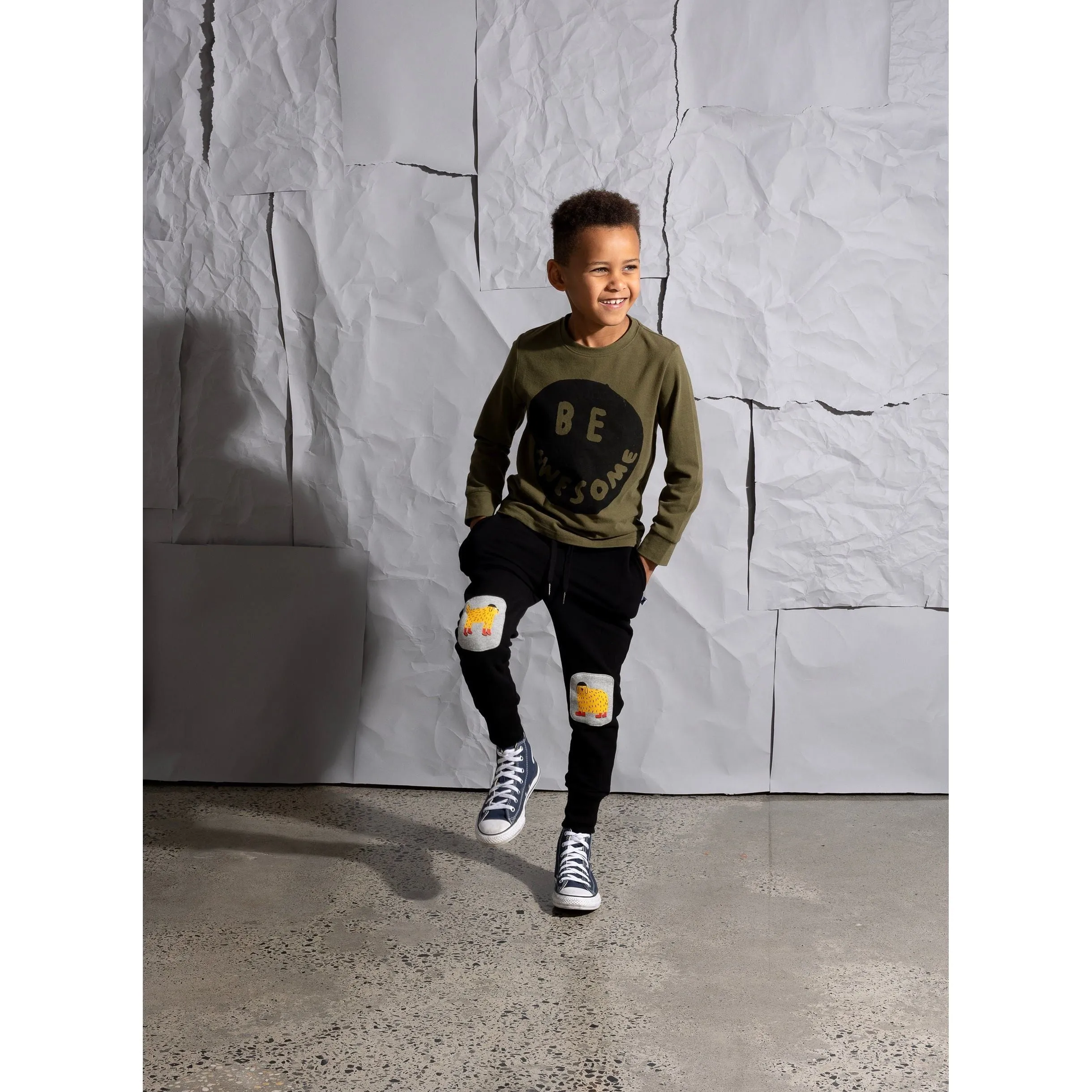 Warm Dogs Furry Patch Trackies - Black/Grey Marle