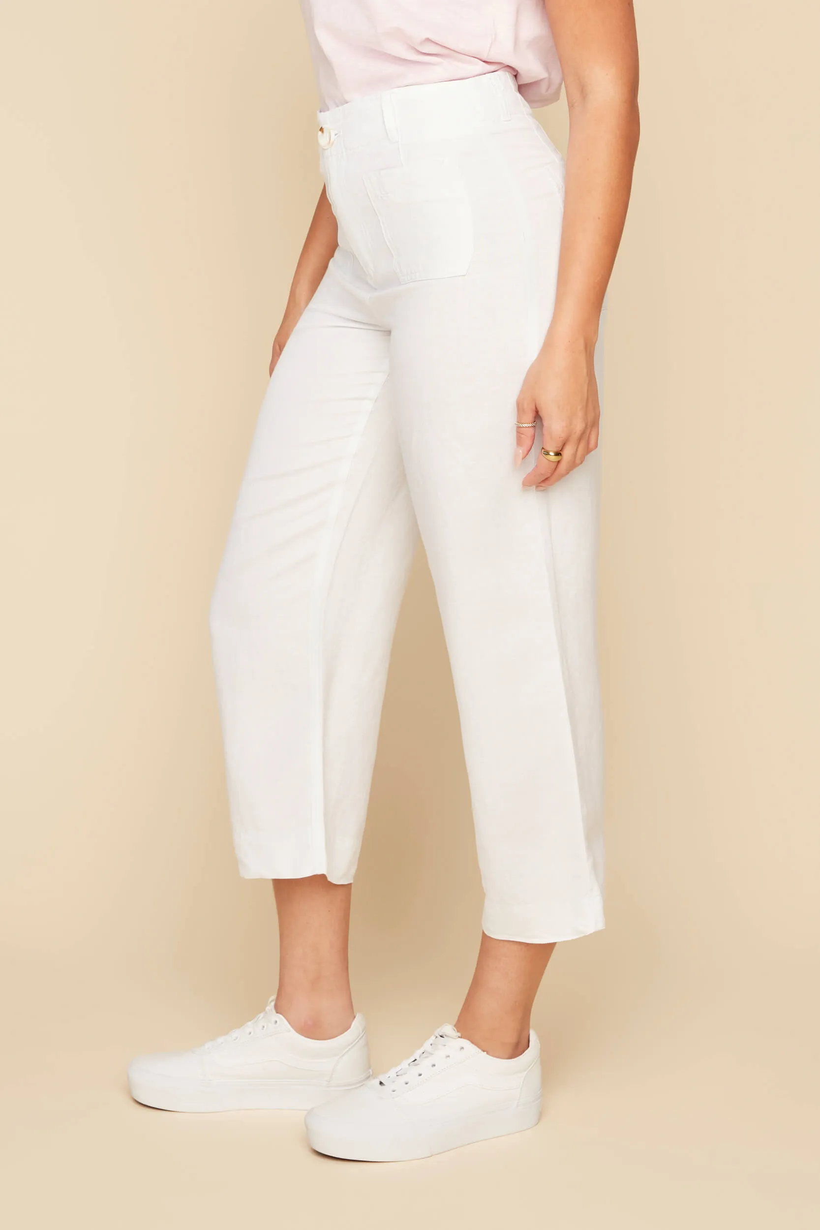 White Linen Blend Cropped Wide Leg Pants w/ 4 Pockets