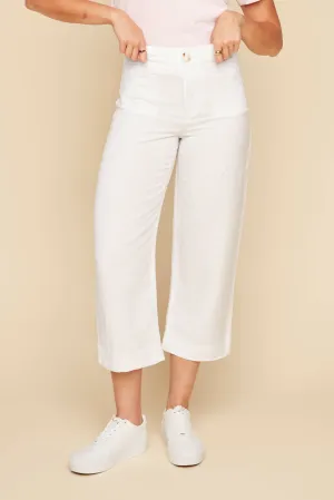 White Linen Blend Cropped Wide Leg Pants w/ 4 Pockets