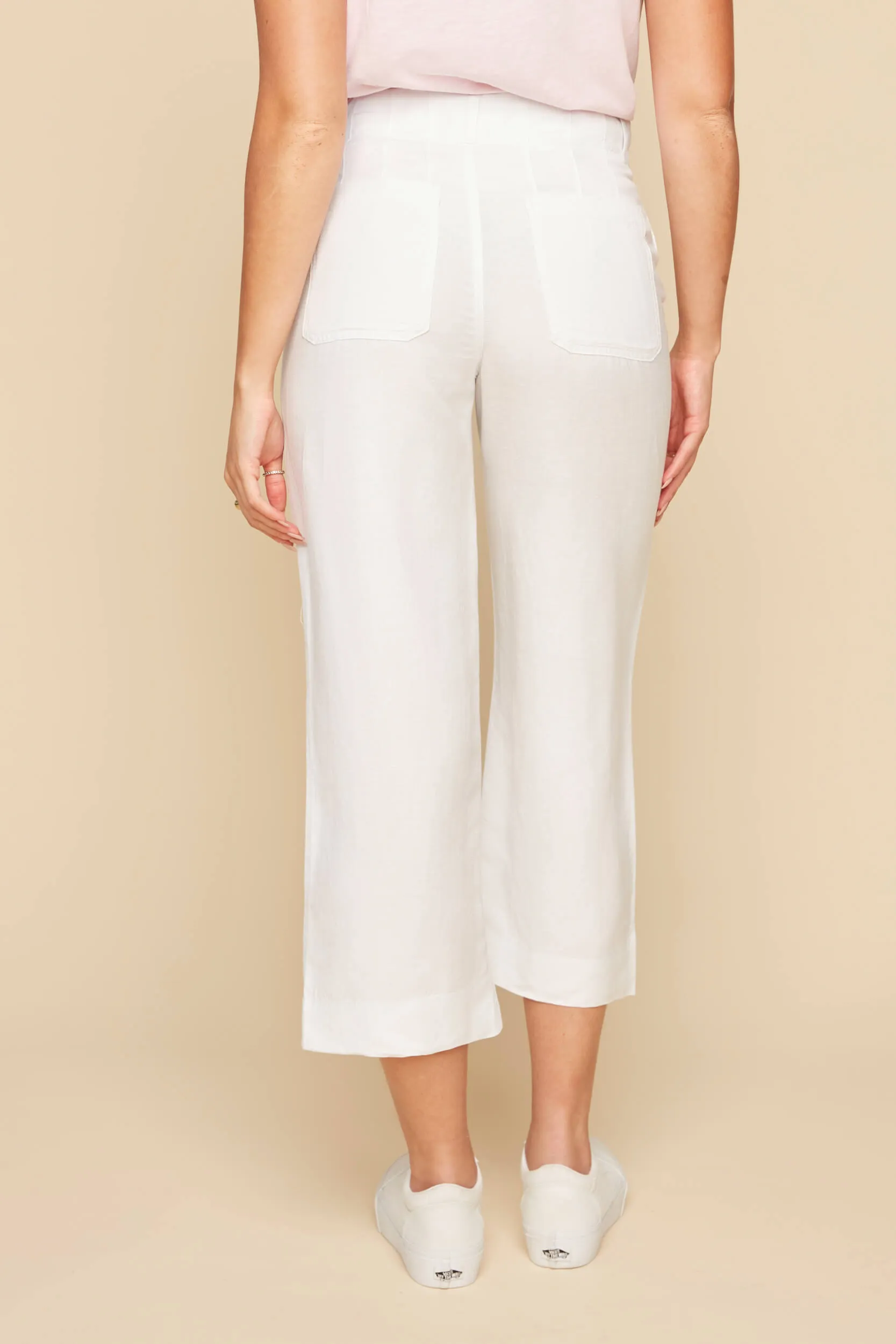 White Linen Blend Cropped Wide Leg Pants w/ 4 Pockets