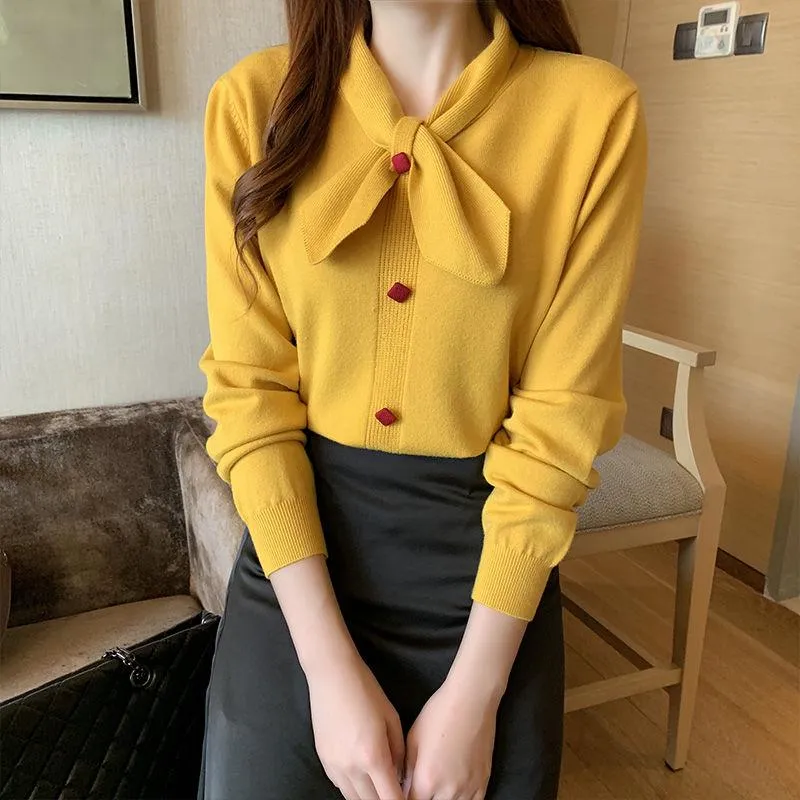 Women's Bow Elegant Slim Sweater Thick Was Thin Knitted Bottoming Shirt Autumn Winter