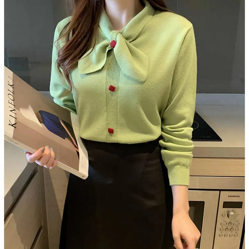 Women's Bow Elegant Slim Sweater Thick Was Thin Knitted Bottoming Shirt Autumn Winter