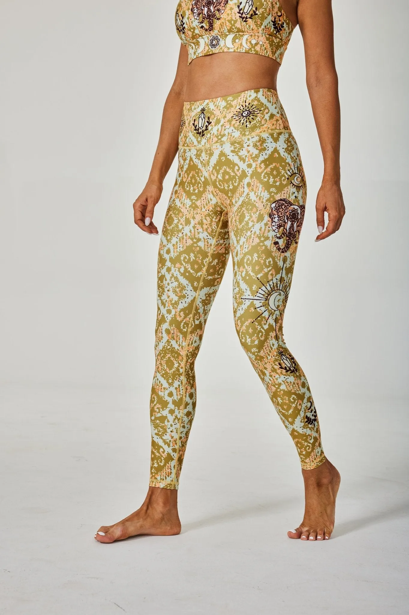 Women's High-Waisted Yoga Leggings with Celestial Elephant Print – Stretch Workout Tights for Gym, Pilates, and Everyday Comfort