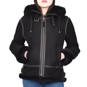 Women's Real Sheepskin Winter Warm Jacket Black Odda