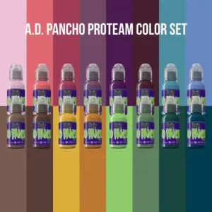 WORLD FAMOUS TATTOO INK 16 BOTTLE A.D. PANCHO PROTEAM COLOR SET