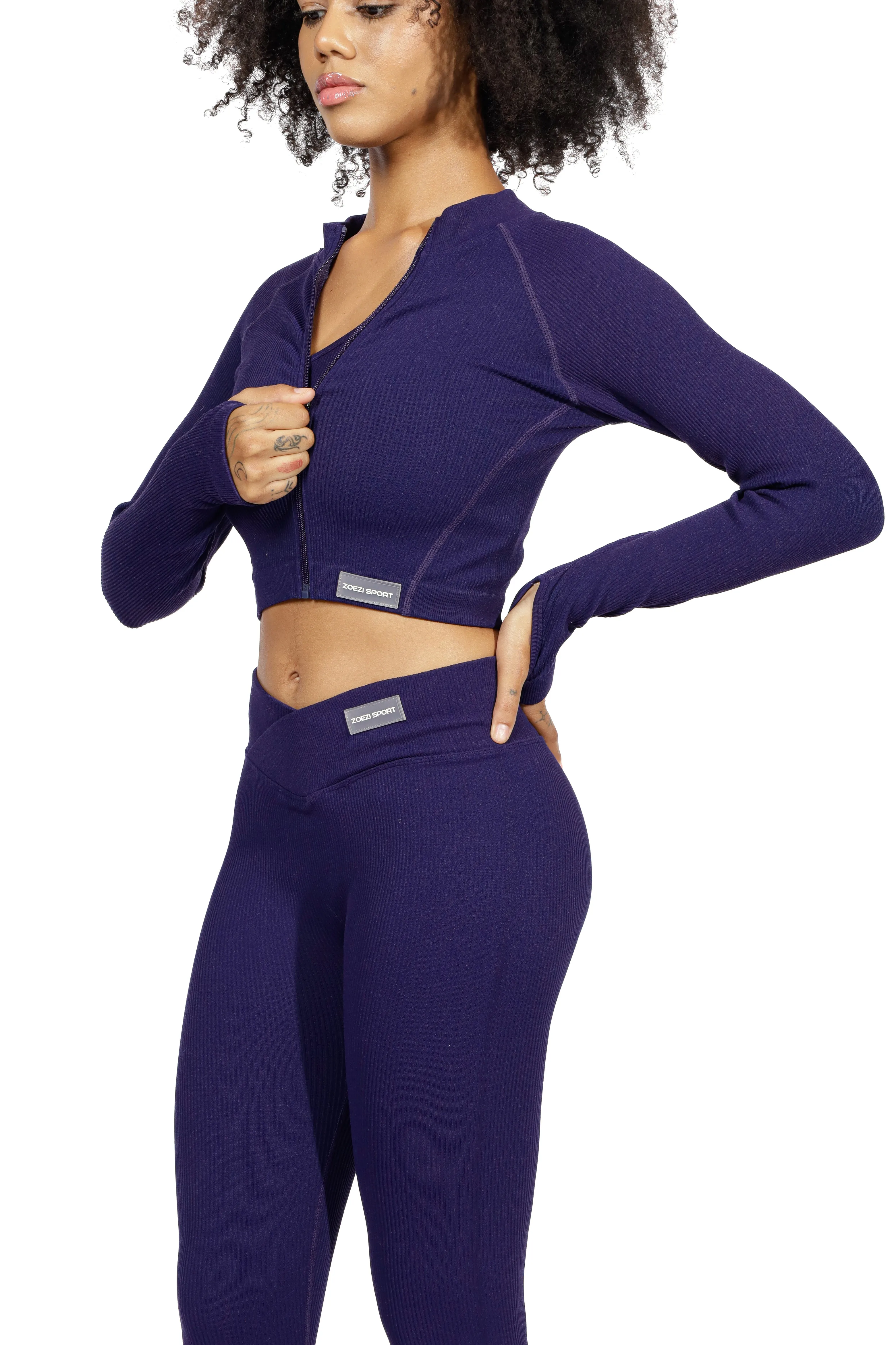 Yahya Ribbed Long Sleeve Zip Front Crop Top