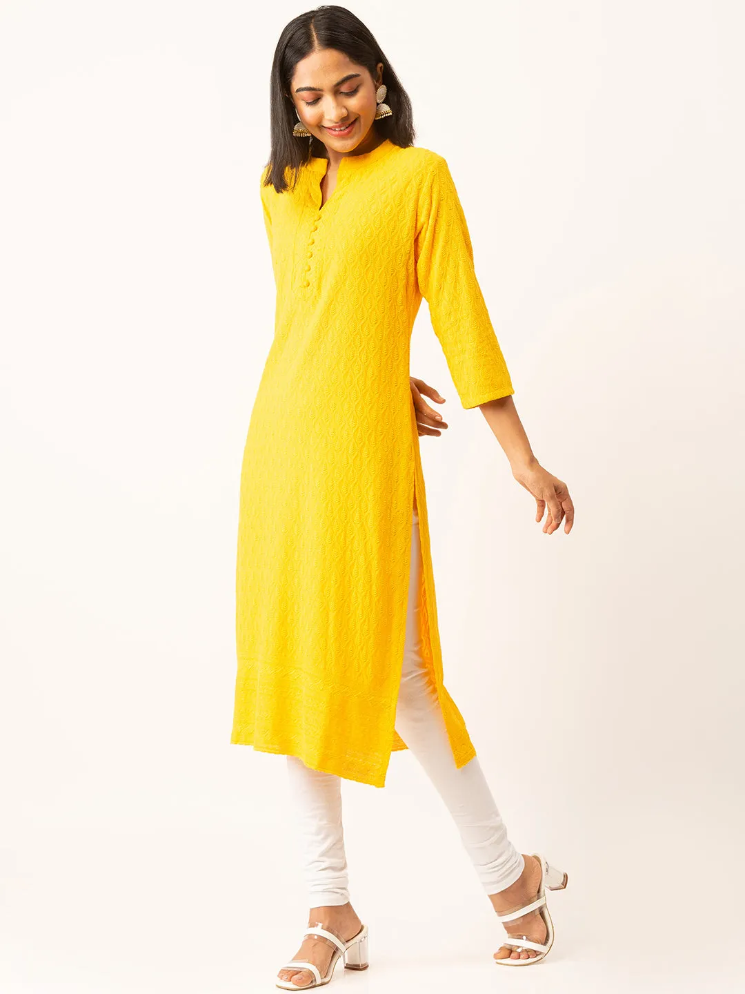 Yellow Rayon Band Collar 3/4th Sleeves Chikankari Embroidery Ethnic Wear Kurta For Women - ZOLA