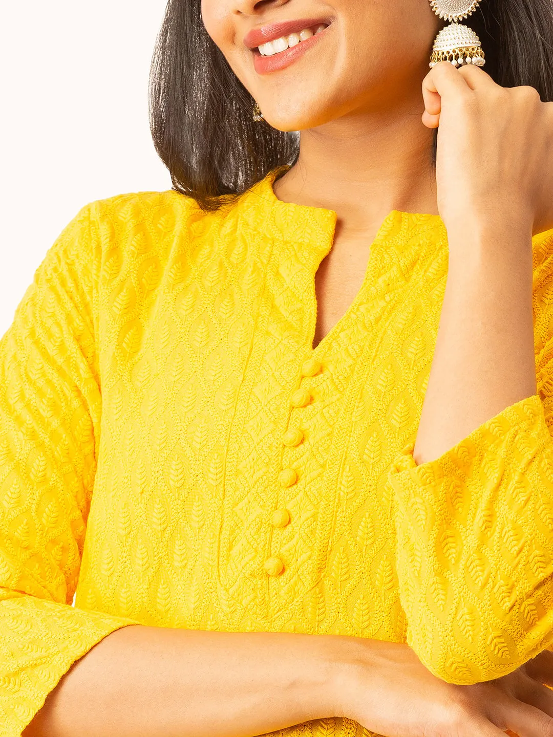 Yellow Rayon Band Collar 3/4th Sleeves Chikankari Embroidery Ethnic Wear Kurta For Women - ZOLA