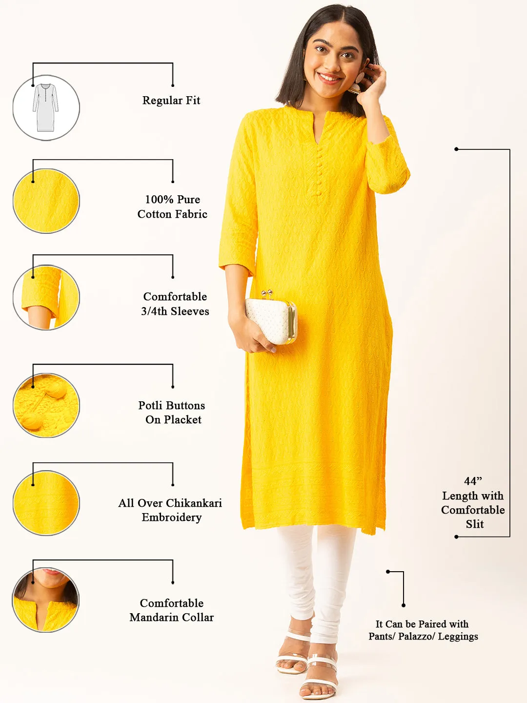 Yellow Rayon Band Collar 3/4th Sleeves Chikankari Embroidery Ethnic Wear Kurta For Women - ZOLA