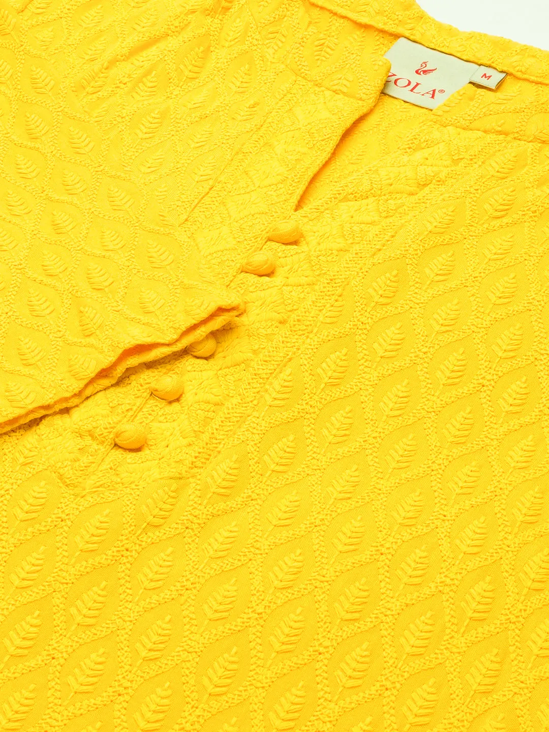Yellow Rayon Band Collar 3/4th Sleeves Chikankari Embroidery Ethnic Wear Kurta For Women - ZOLA