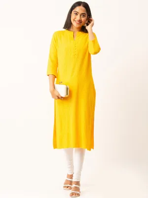 Yellow Rayon Band Collar 3/4th Sleeves Chikankari Embroidery Ethnic Wear Kurta For Women - ZOLA
