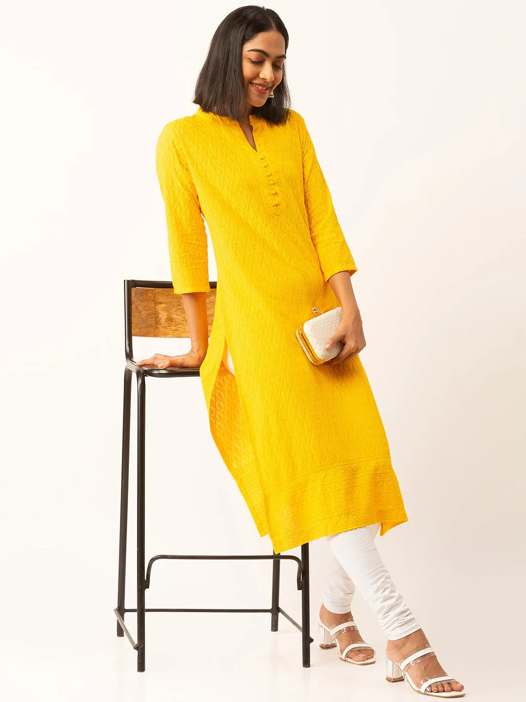 Yellow Rayon Band Collar 3/4th Sleeves Chikankari Embroidery Ethnic Wear Kurta For Women - ZOLA