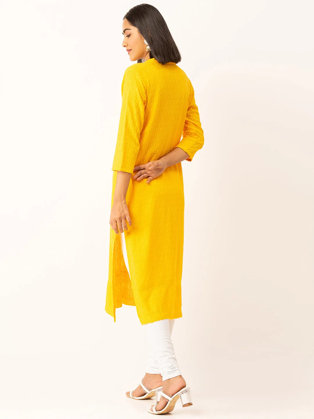 Yellow Rayon Band Collar 3/4th Sleeves Chikankari Embroidery Ethnic Wear Kurta For Women - ZOLA