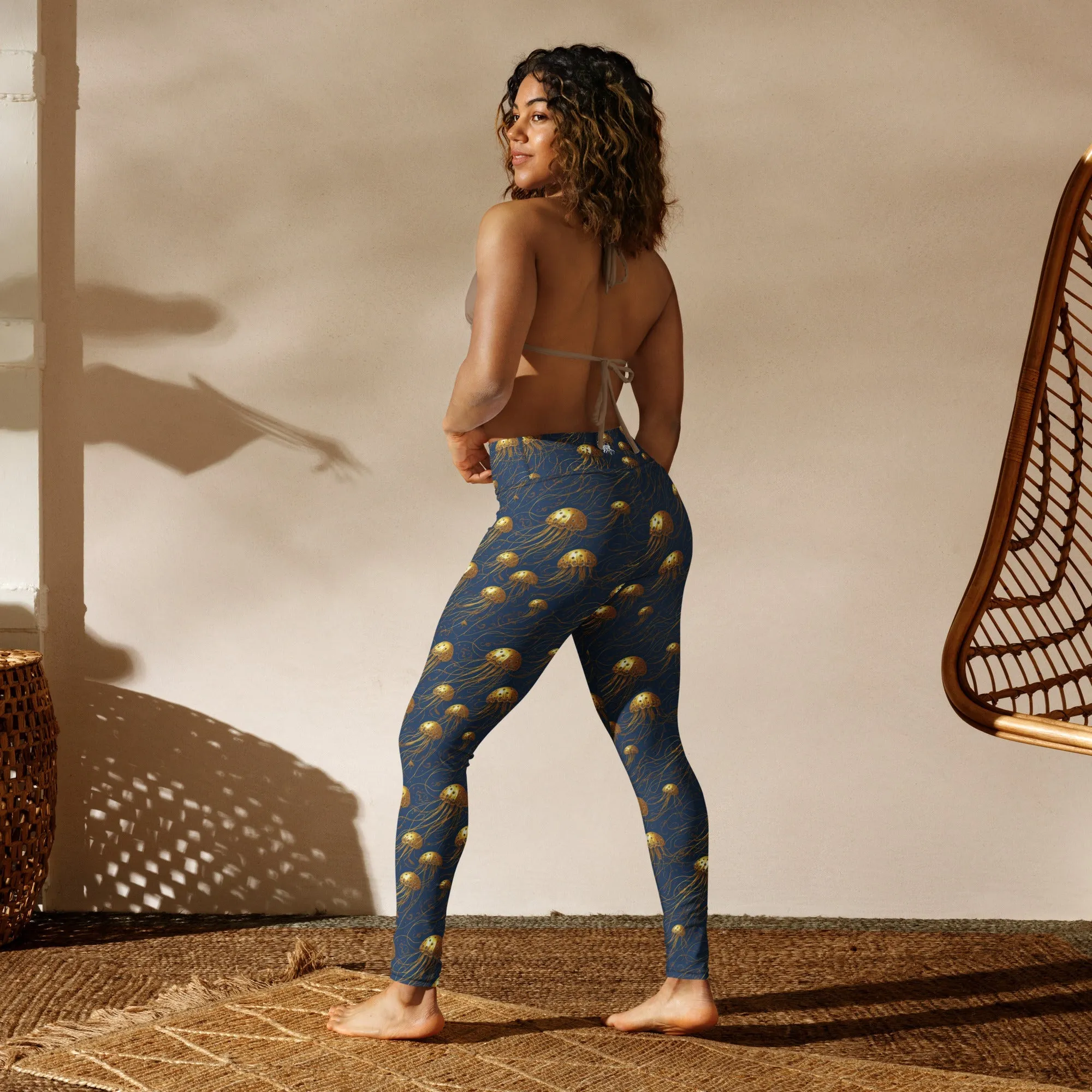 Yoga Leggings Blue and Gold Jellyfishes