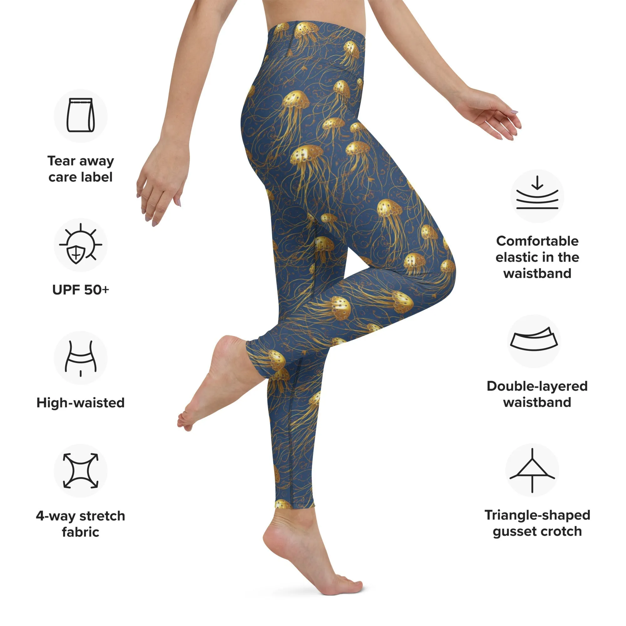 Yoga Leggings Blue and Gold Jellyfishes