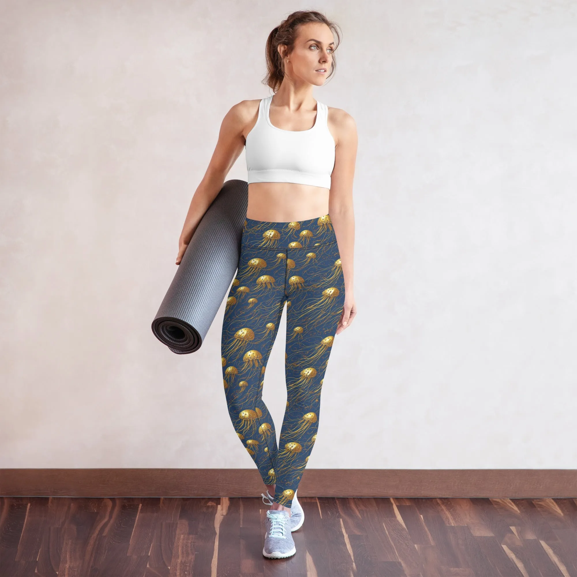 Yoga Leggings Blue and Gold Jellyfishes